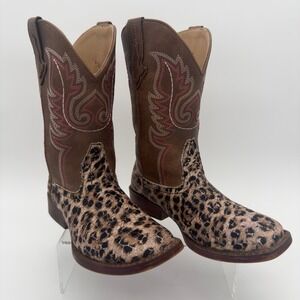 Roper Kids Leopard Print Western Cowboy Boots Brown Pink Embroidered Size 1